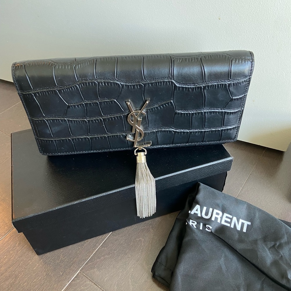 Monogram YSL Croc-Stamped Clutch Bag, Black